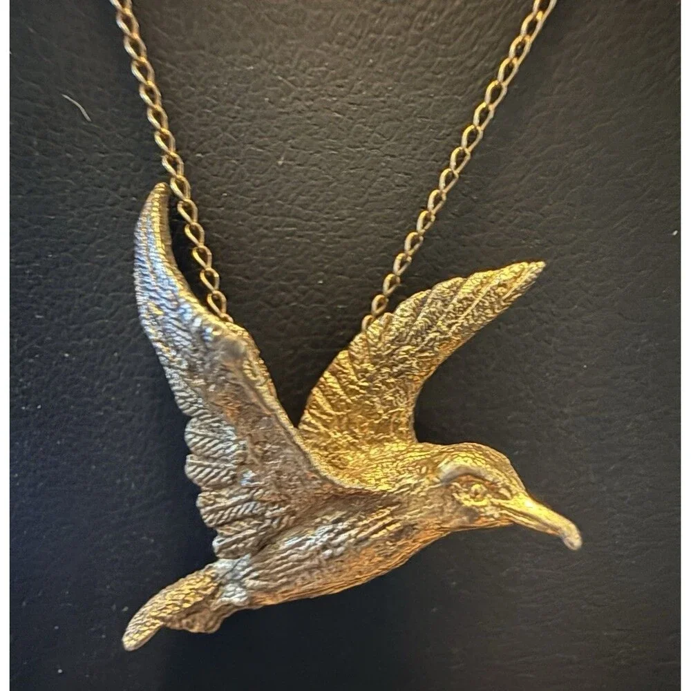 Vintage Hummingbird In Flight Necklace Pendant Marked Sterling 12k GF Chain